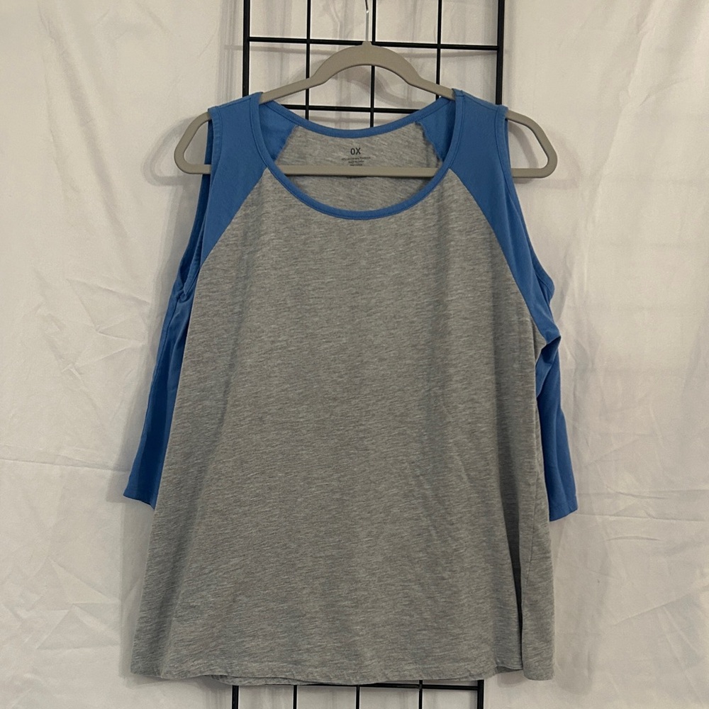 Women's Gray with Blue sleeves baseball type cold shoulder T-shirt